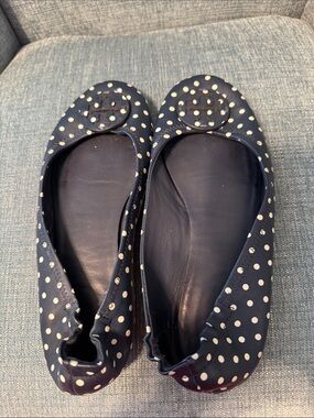 Tory Burch Navy Polka Dot Leather Ballet Flats - white Dots